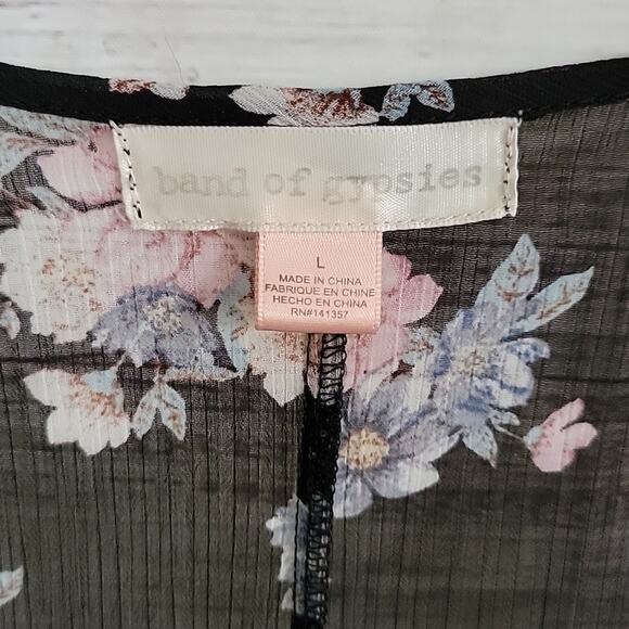 Band of Gypsies Black Floral Bell Sleeve Sheer Duster Kimono Cardigan Size Large - Picture 2 of 6